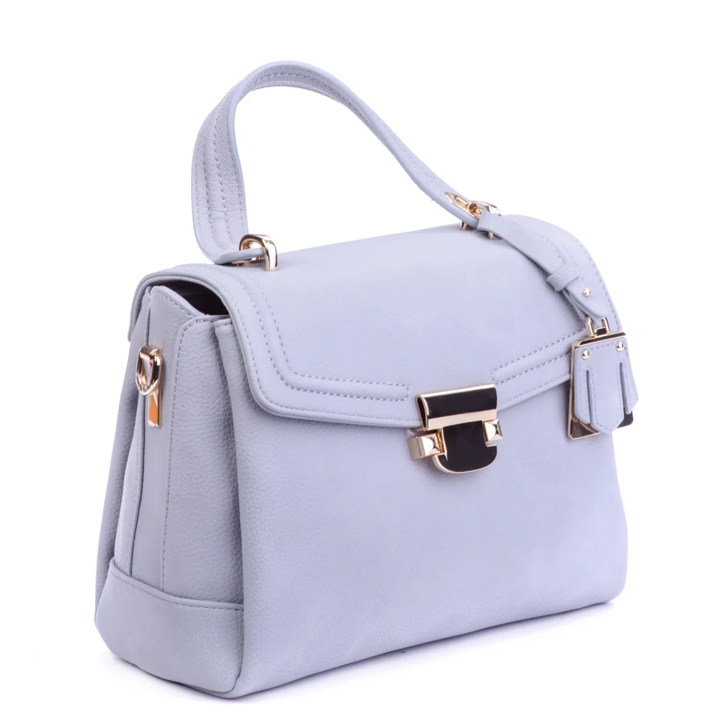 Trendy Lilac Female Tophandle Leather Bag With Metal Clasp Tag Against