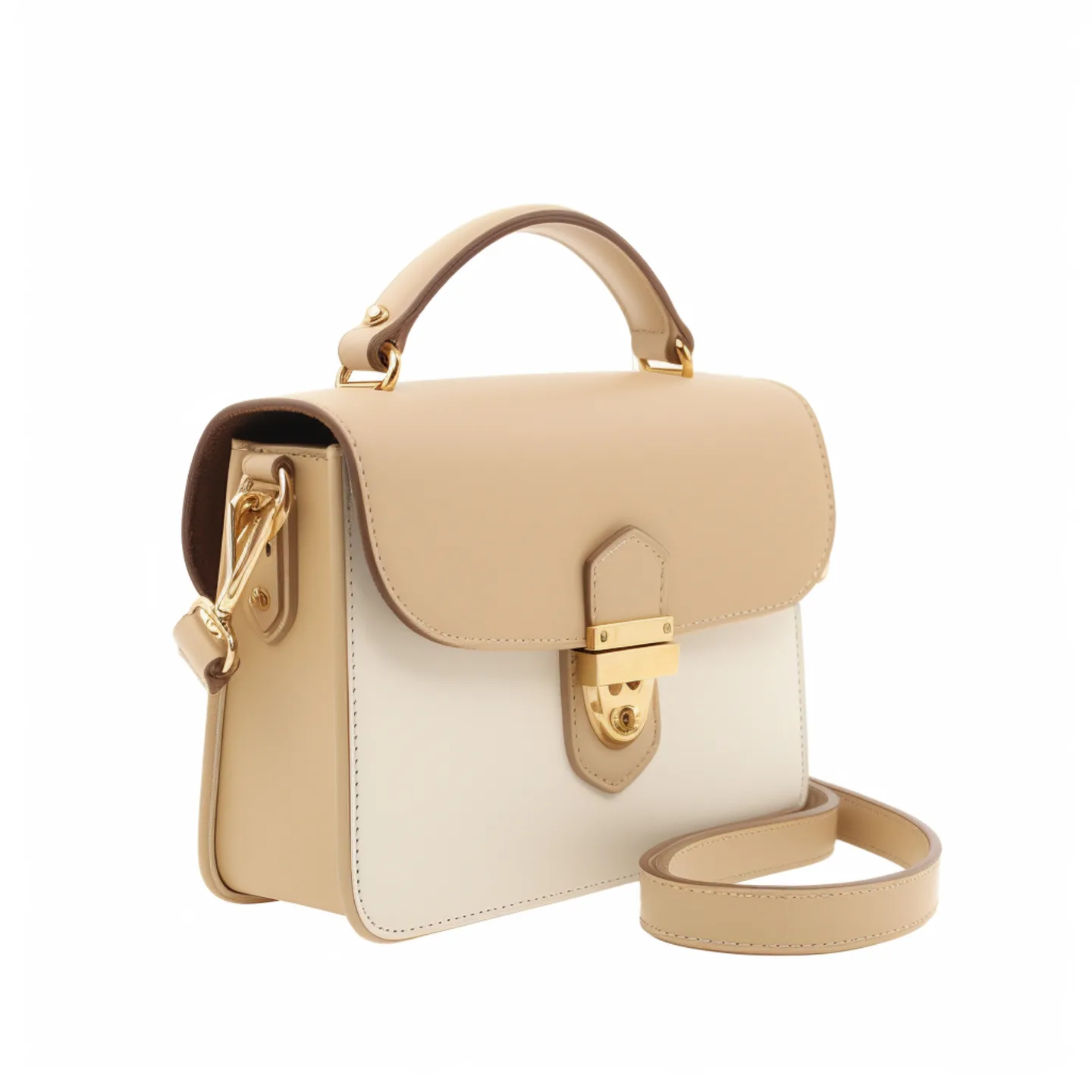 Beige White Handbag With Gold Hardware Strap